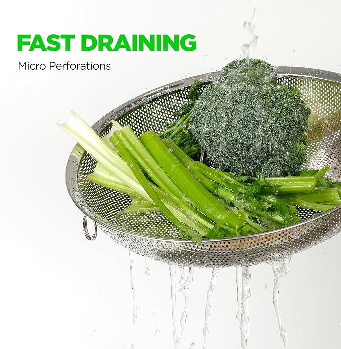 Shallow Stainless Steel Colander Set of 3 – Micro-Perforated Tray Strainers for Berries Vegetables Fruit, 18/8 304 Low Profile (2, 3, 4 Qt) Self-Draining Base, Dishwasher Safe, Made in Korea - Image 6