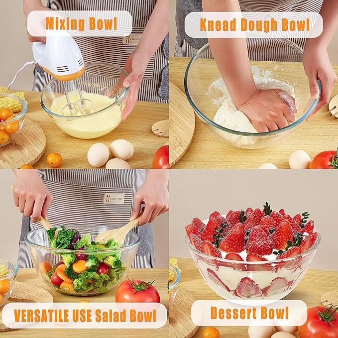 Glass Salad Bowl With Lid, 4.7 Quart Large Glass Mixing Bowls Serving Bowls With Bamboo Utensils, 10.7Inch Trifle Bowl for Salad, Pasta, Dessert Display Cake, Microwave Safe - Image 6