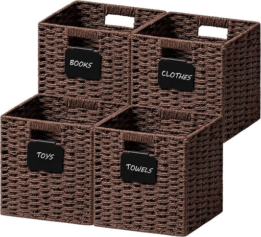 UBBCARE 4 Pack Small Wicker Basket, 9×9 Storage Cubes with Label, Foldable Cube Storage Bin with Handle, Square Storage Basket for Shelves, Woven Paper Rope Basket for Organizing, Dark Brown by UBBCARE