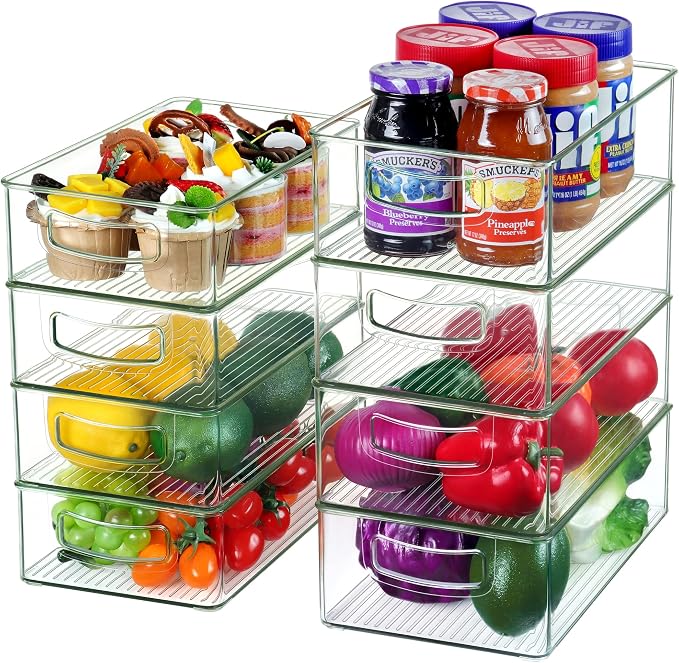 Qilinba Set Of 8 Stackable Pantry Organizer Bins, Clear Plastic Storage Bins for Home Edit Fridge Cabinet Organizing Storage Containers (4 Large and 4 Medium) by QILINBA