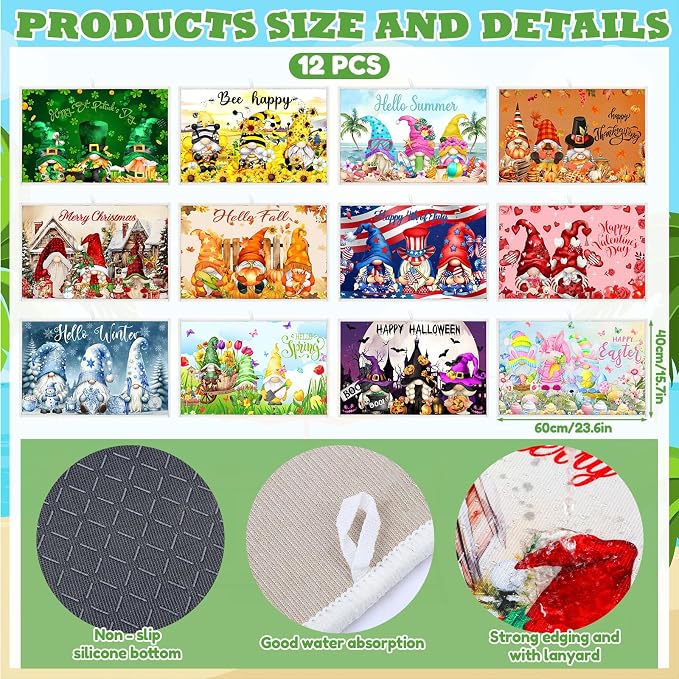 12 Pcs Seasonal Dish Drying Mats for Kitchen 24"x 16" Holiday Microfiber Absorbent Washable Drainer Mat Bulk for Counter Gift Patriotic Summer Home Accessories Decoration(Gnomes) - Image 2