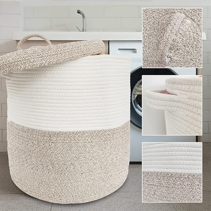Large Storage Basket with Lid 60L, 16"Wx18"H Woven Laundry Hamper Basket with Handle, Room Decor Cotton Rope Wicker Basket Toy Organizer Bins for Clothes Blankets Pillows, Beige/White Mix includes Lid - Image 6