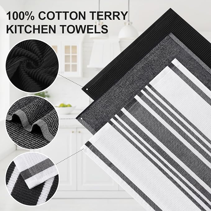 Homaxy Cotton 380 GSM Premium Kitchen Towels, 18"x 28", 6 Pack, Black | Soft and Absorbent Terry Dish Towels, Multipurpose Tea Towel Set with Hanging Loop, 3 Styles Kitchen Hand Towels - Image 2