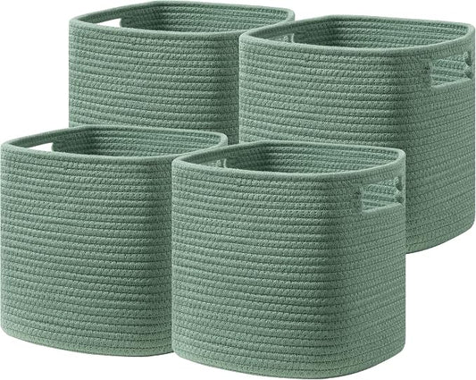 UBBCARE Set of 4 Storage Basket-11 X 10.5 X 10.5 In, Cotton Rope Basket for Shelves, Toys, Book, Cube Storage Bins with Handles, Woven Storage Basket for Organizing, Green by UBBCARE