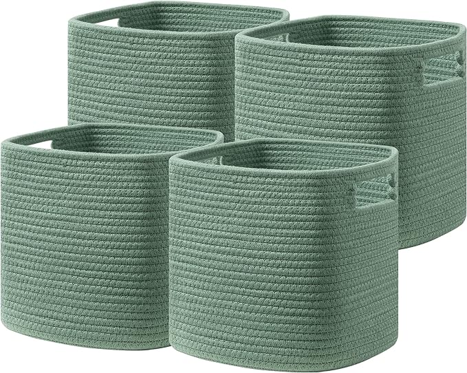 UBBCARE Set of 4 Storage Basket-13 X 13 X 13 In, Cotton Rope Basket for Shelves, Toys, Book, Cube Storage Bins with Handles, Woven Storage Basket for Organizing, Green by UBBCARE