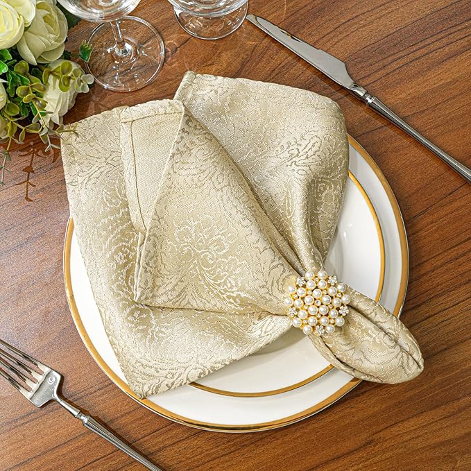 Beige Cloth Napkins Set of 6, 18 x 18 Inch Dinner Napkins | Reusable Washable Cotton Polyester Soft Luxury Elegant Fancy Jacquard Fabric Table Napkins by ZIWUROAD