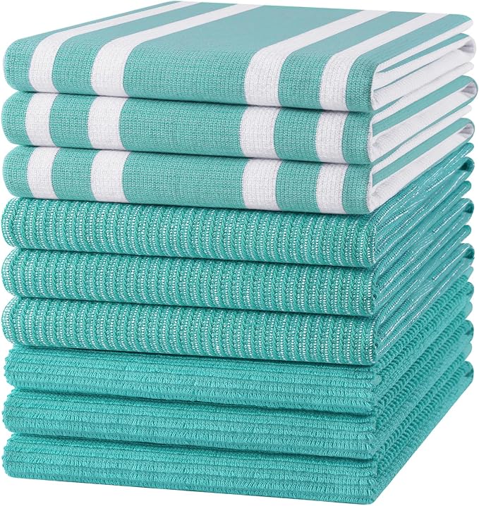 Homaxy Cotton 380 GSM Premium Kitchen Towels, 18"x 28", 9 Pack, Teal | Soft and Absorbent Terry Dish Towels, Multipurpose Tea Towel Set with Hanging Loop, 3 Styles Kitchen Hand Towels by Homaxy
