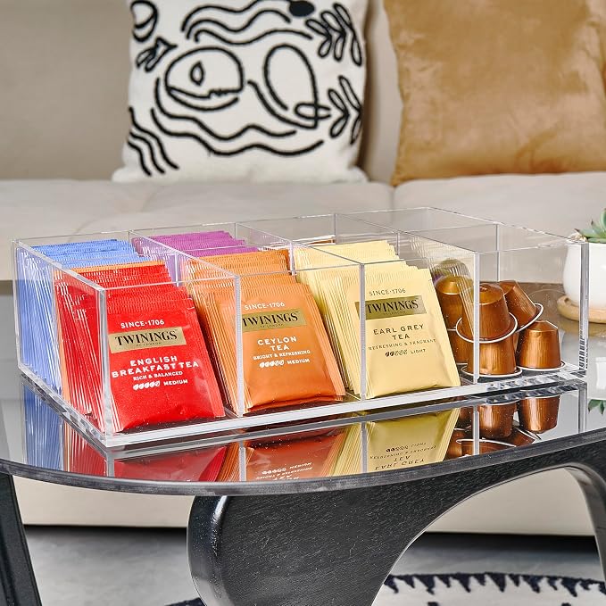 Heavy-Duty Acrylic Tea Bag Organizer, 8-Compartment Storage Box | Perfect Organizer: 8-compartment design keeps tea bags and coffee pods neatly sorted, saving space on your countertop. - Image 7