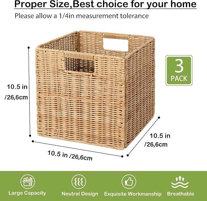 10.5 x 10.5 in Plastic Wicker Baskets for Cube Storage, Collapsible Square Wicker Storage Basket Set of 3, Rattan Storage Cube, Square Baskets for Shelves - Khaki - Image 5