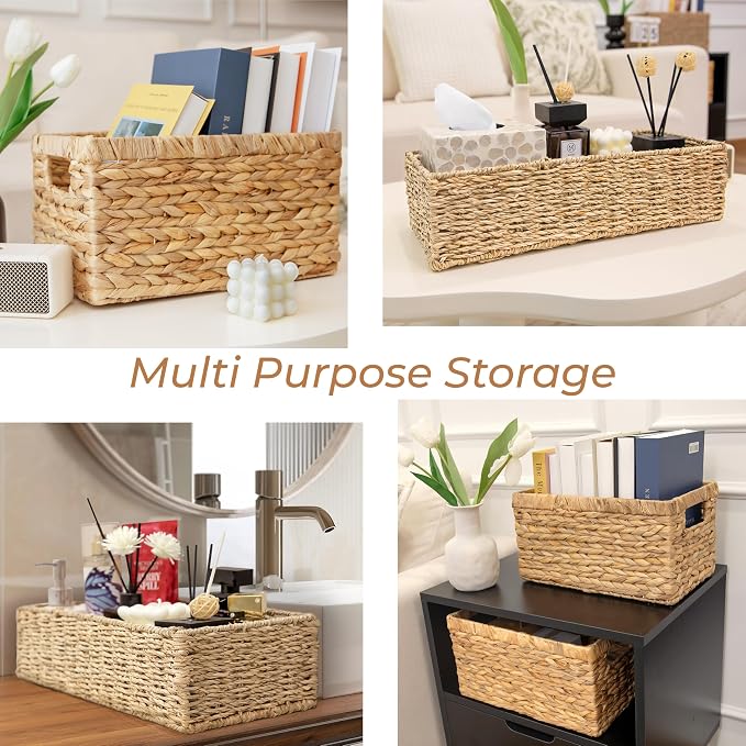 2-Pack Handwoven Water Hyacinth Storage Baskets with Handles, Wicker Bins for Pantry Organization, Shelf or Closet Organizer, Decorative Boho Rectangular Basket 13.5" x 8" - Image 4