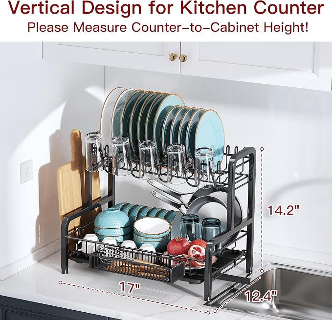 2 Tier Black Stainless Steel Dish Drying Rack for Kitchen Counter | Large Capacity Dish Drainer with Drainboard, Cup & Utensil Holder, Space Saving Rustproof Metal Plate Rack, Fast Drain - Image 6