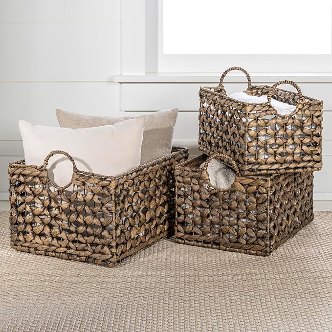 happimess Quinn Storage Baskets 3-Piece Hyacinth Rectangular 18", Brown | Hand-Woven Wicker Organizers, Durable Iron Metal Frame, Integrated Handles, Bohemian Cottage Decor For Nursery - Image 7