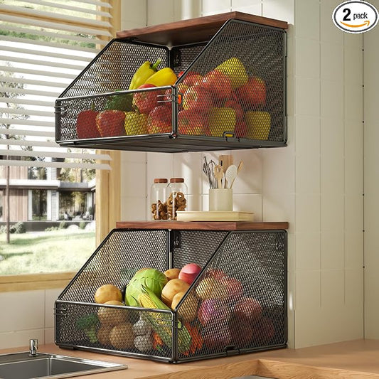 Stackable Fruit Basket for Kitchen Countertop Space Saving, Wall Mounted Mesh Metal Wire Basket with Wood Lid Extra Storage, 2 Pack Kitchen Counter Organizer for Snack, Onion and Potato Storage, Black by Litwaro