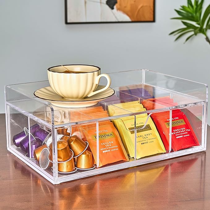 Heavy-Duty Acrylic Tea Station with 8-Compartment Drawer Organizer | Versatile Design: Features a smooth-sliding drawer with 8 compartments, plus a sturdy station top for coffee pods or mugs - Image 11