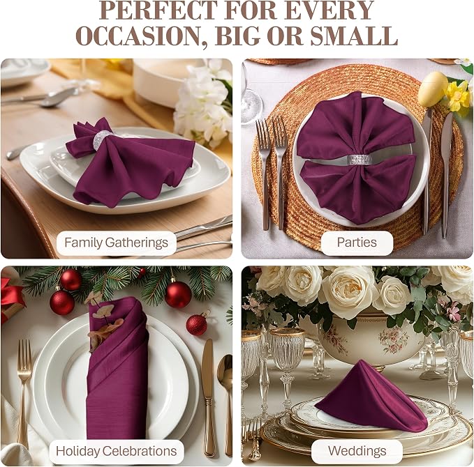 17 x 17-Inch Shantung Satin Cloth Napkins, Plum Set of 120 | Bulk Case of 10 Dozen, Square, 100% Polyester Fabric, Reversible, Faux Dupioni Silk Reverse Side, Machine Washable, Purple - Image 5