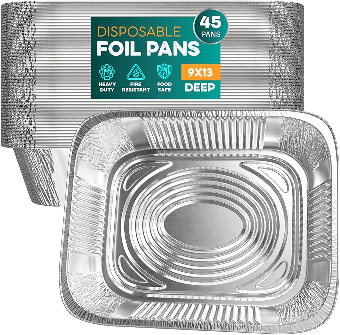 Aluminum Pans 9x13 [45 Pack] Aluminum Foil Pans Trays - Disposable Pans for Baking, BBQ Grilling, Roasting, Cake Serving Dishes, Catering Supplies, Steam Table Chafing Pans, Half Size Tin Foil Pan by Houzzkingzusa