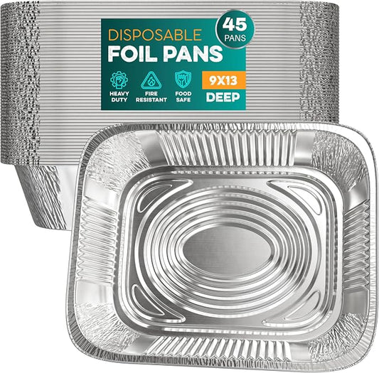 Aluminum Pans 9x13 [45 Pack] Aluminum Foil Pans Trays - Disposable Pans for Baking, BBQ Grilling, Roasting, Cake Serving Dishes, Catering Supplies, Steam Table Chafing Pans, Half Size Tin Foil Pan by Houzzkingzusa