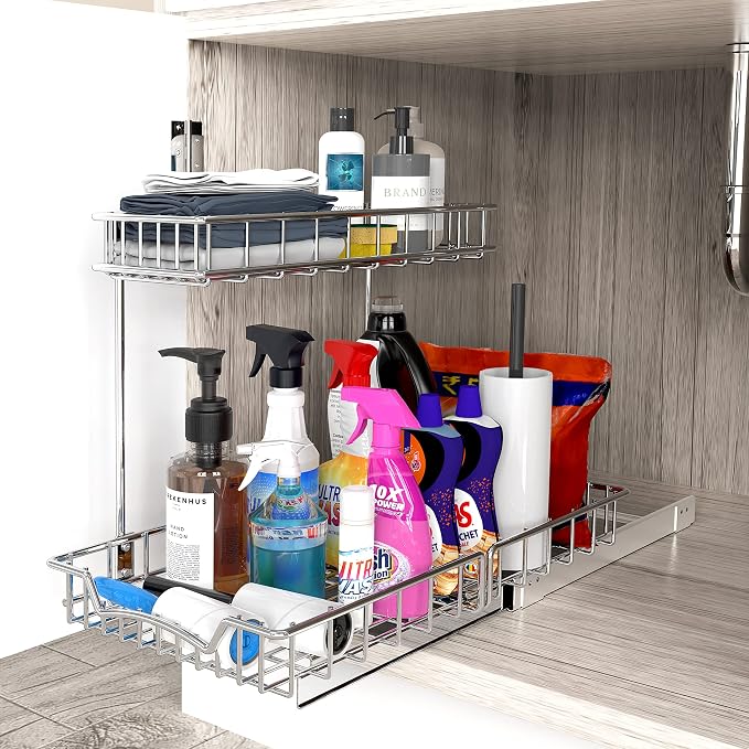 Simple Houseware 2-Tier (L+M) Pull Out Under Cabinet Sliding Shelf, Chrome | for Kitchen Organizer - Image 7