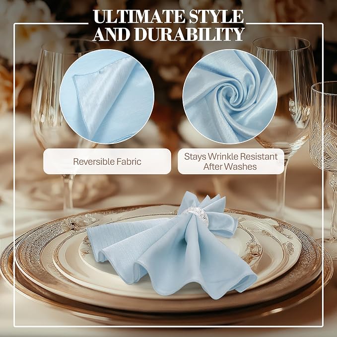 17x17-Inch Shantung Cloth Napkins, Ice Blue, Set of 12 | Bulk Case of 1 Dozen, Satin, Square, 100% Polyester Fabric, Reversible, Faux Dupioni Silk Reverse Side, Machine Washable - Image 3