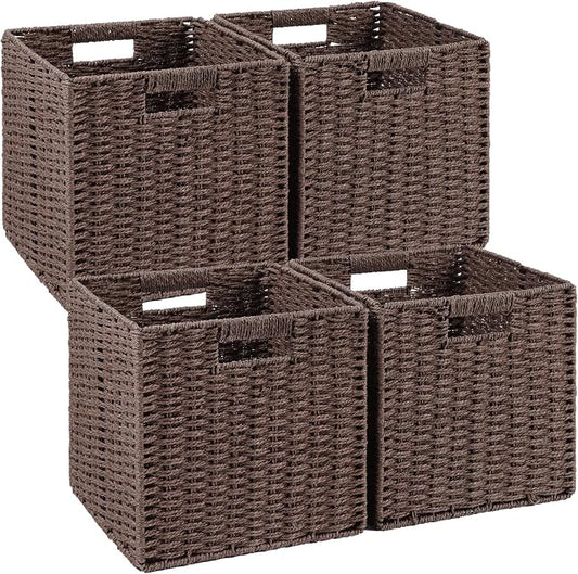 Patvingot 11-Inch Paper Rope Wicker Basket with Built-In Handles,4 Pack | For books, throws and accessories on open shelves, decorative woven texture, metal frame supports the shape, folds flat by Patvingot
