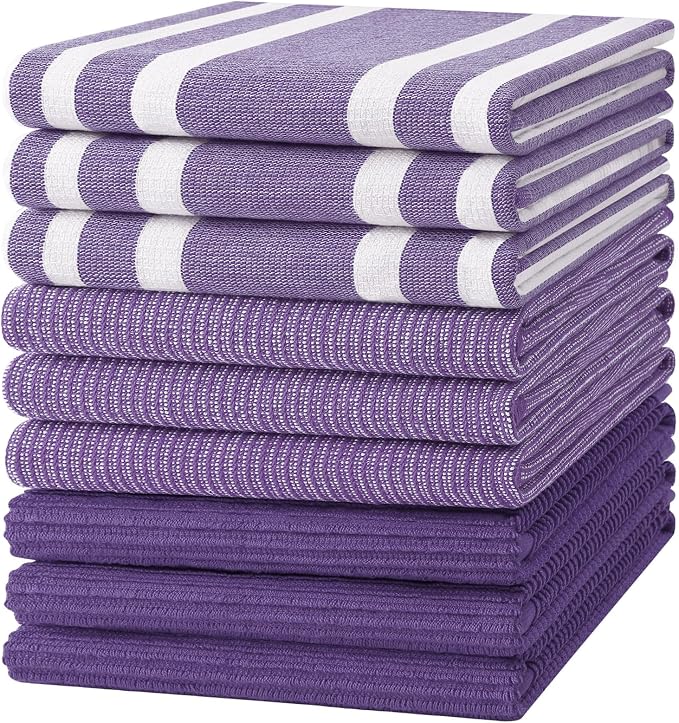 Homaxy Cotton 380 GSM Premium Kitchen Towels, 18"x 28", 9 Pack, Purple | Soft and Absorbent Terry Dish Towels, Multipurpose Tea Towel Set with Hanging Loop, 3 Styles Kitchen Hand Towels by Homaxy