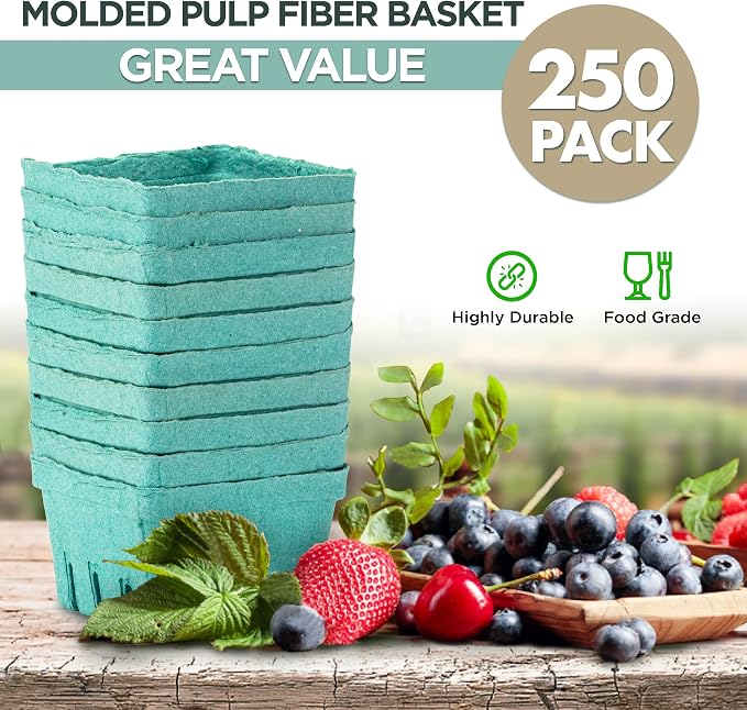 FMP Brands [250 Pack] Pint Green Molded Pulp Fiber Berry Basket Produce Vented Container for Fruit and Vegetable, Farmer Market, Grocery Stores and Backyard Party - Image 3
