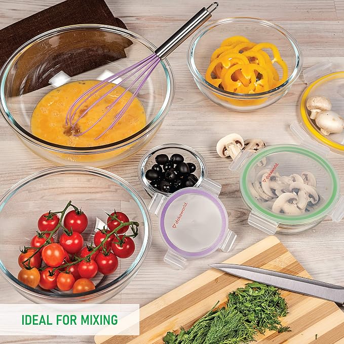 Set of 5 Stackable Space-Saving Nesting Glass Bowls with BPA Free Lids for Foodprep, Storage, Baking, Mixing & Cooking, Microwave Safe - Durable Inert Borosilicate Glass - Image 7