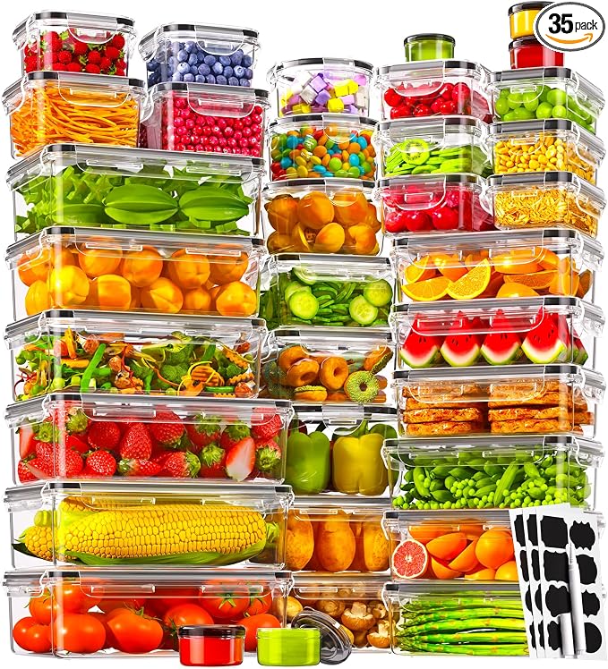 KEMETHY 70 PCS Food Storage Containers with Lids(35 Containers & 35 Lids), BPA-Free Plastic Food Containers for Kitchen Storage, Leak Proof, Reusable Meal Prep Containers with Labels & Pen by KEMETHYFocusesonCreatingEfficientStorageProductswithQualityMaterials