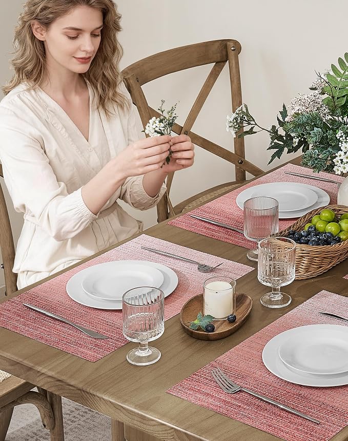 Leetaltree Gradient Pink Woven Placemats Set of 4 - Heat Resistant Non-Slip Place mats for Dining Table, Washable Durable PVC Vinyl Woven Table Mats(Gradient Pink, 4) - Image 2