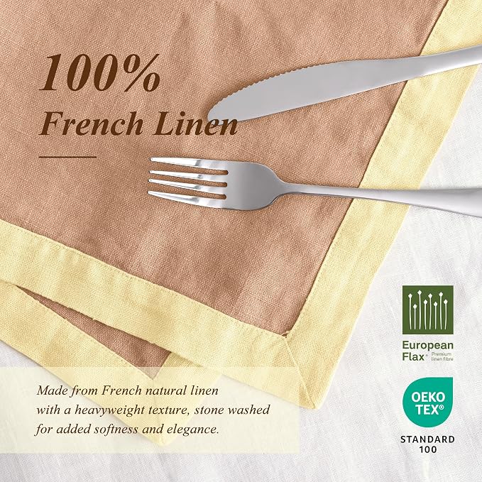 Linen World 100% French Linen Placemats Set of 4,21 x 15 Inch Double Layer Table Mats,Washable Heavyweight Placemats for Holiday Dining Kitchen Decor,Lemon Yellow with Terracotta Contrast Border - Image 6