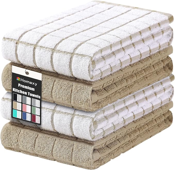 Homaxy Large Premium Cotton Kitchen Towels 16"x 28", 4 Pack, Tan | Natural Ring Spun 390 GSM Dish Towels, Super Absorbent Terry Kitchen Hand Towels, Soft Tea Towels with Hanging Loop by Homaxy