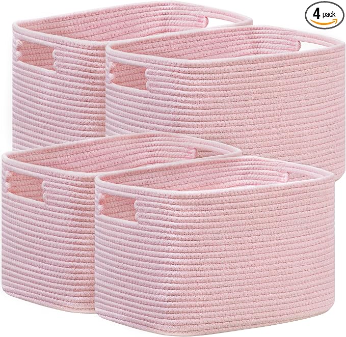 4 Pack Storage Baskets for Organizing, Shelf Baskets with Handles, Pink | 14.5"Lx9.8"Wx9"H, Woven Basket, Cotton Rope Basket, Toy Storage, Cube Shelf, Gift Baskets Empty, Home Decor by UBBCARE