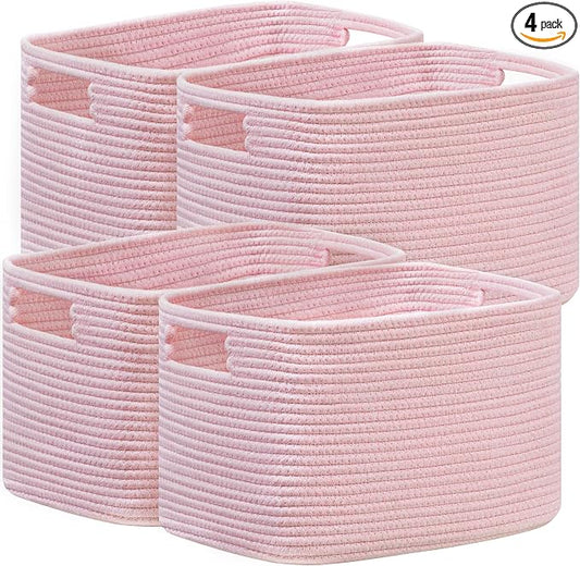 4 Pack Storage Baskets for Organizing, Shelf Baskets with Handles, Pink | 14.5"Lx9.8"Wx9"H, Woven Basket, Cotton Rope Basket, Toy Storage, Cube Shelf, Gift Baskets Empty, Home Decor by UBBCARE
