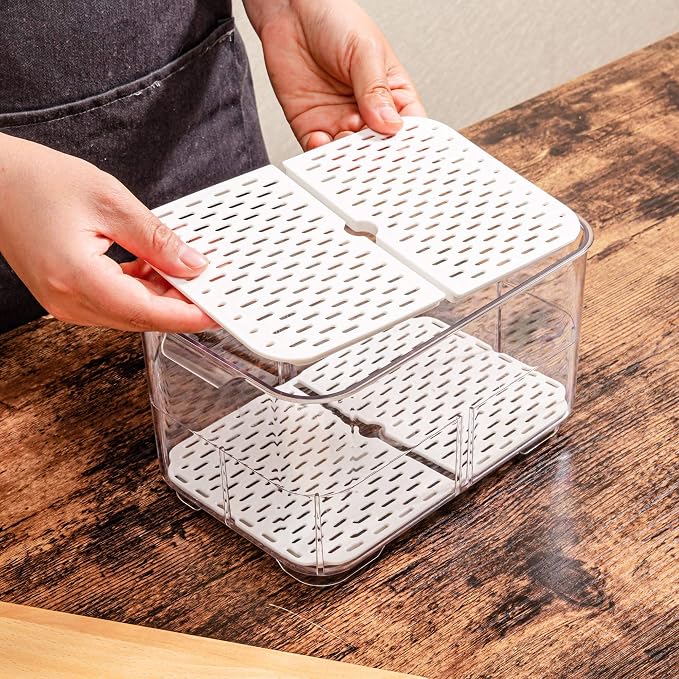 SANNO Vegetable Fruit Containers Fridge Food Storage Produce Saver Container Stackable Refrigerator Freezer Organizer Fresh Keeper Drawers Organizer set of 2 - Image 5