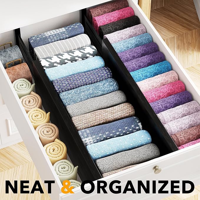 SpaceAid Bamboo 4 Pack Dresser Drawer Dividers, 4.65“ High Adjustable 17“-22” Drawer Organizers, Expandable Organization for Clothing, Clothes, Dressers, Black - Image 2