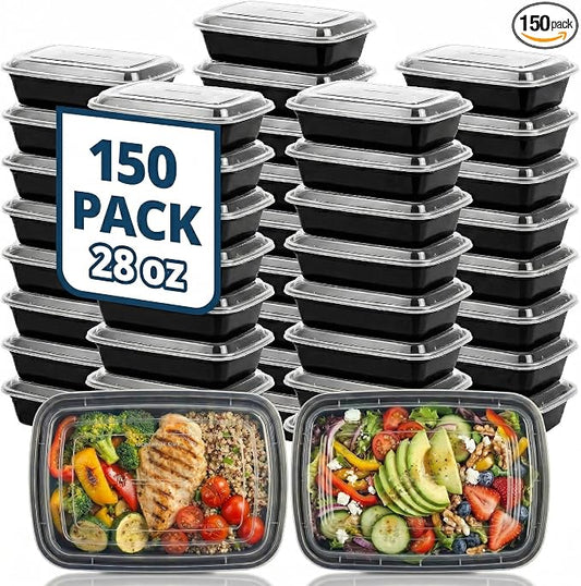 TIYA Meal Prep Containers with Lids, 150 Pack 28 oz Reusable Plastic Food Storage Containers, BPA-Free Lunch Boxes, Microwave/Dishwasher/Freezer Safe, Stackable Portion Control Containers by TTIYA