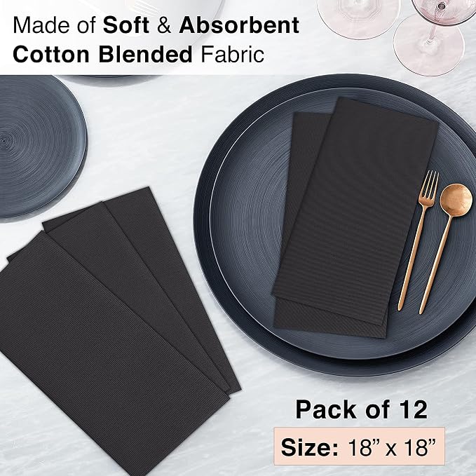Ruvanti Cloth Napkins set of 12, 18x18 Inches Napkins Cloth Washable, Soft, Durable, Absorbent, Cotton Blend. Table Dinner Napkins Cloth for Hotel, Lunch, Restaurant, Weddings, Events, Parties - Black - Image 4