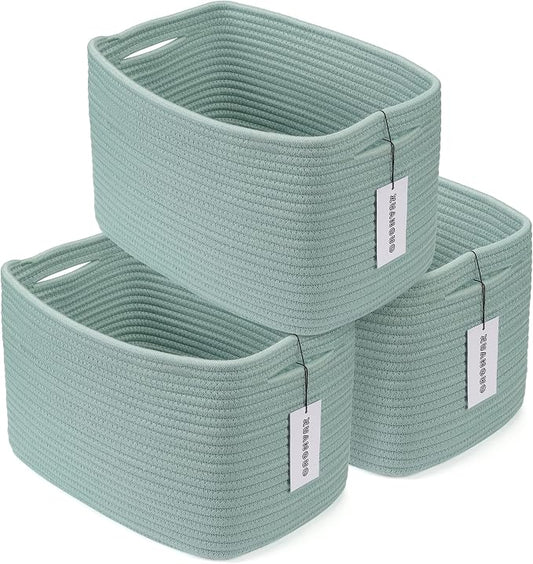 XUANGUO Woven Cotton Rope Storage Baskets 15x10x9.3" 3 Pack Green | Decorative rectangular storage baskets for shelves and closets; storage bins organize clothes, toys, books and nursery items. by XUANGUO