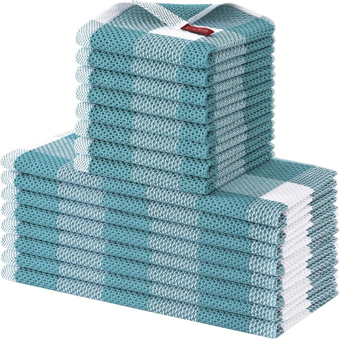 Homaxy Kitchen Towels and Dishcloths Set, Set of 16, White & Lake Blue | Bulk Cotton Waffle Weave Check Plaid Kitchen Towels, Super Soft and Absorbent Dish Cloths, 12 x 12 and 13 x 28 Inches by Homaxy