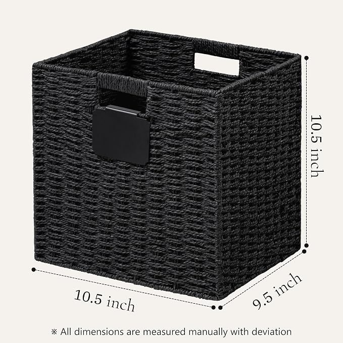 UBBCARE 4 Pack Wicker Basket, 10.5×10.5 Storage Cubes with Label, Foldable Cube Storage Bin with Handle, Square Storage Basket for Shelves, Woven Paper Rope Basket for Organizing, Black - Image 2