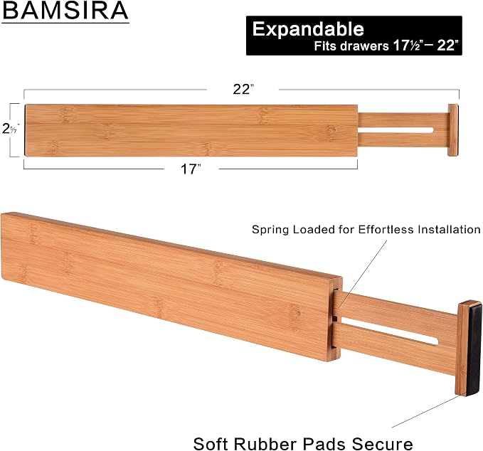 Bamboo Kitchen Drawer Dividers Expandable Adjustable Drawer Organizer Dividers Adjust from 22" to 17½" Set of 4 - Image 2