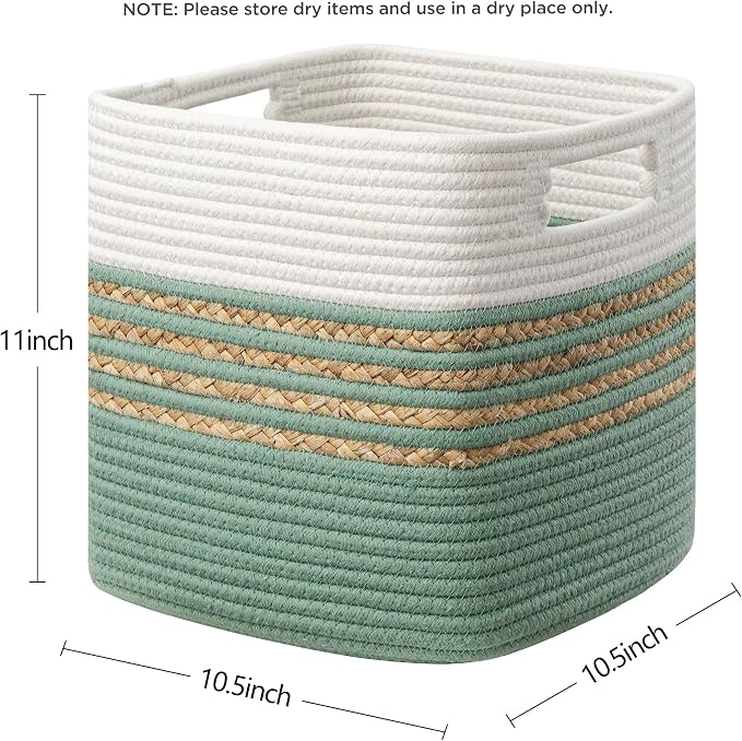 UBBCARE Set of 4 Storage Cubes 11 X 10.5 X 10.5 in, Water Hyacinth Storage Bins for Shelves, Toys, Books, Organizing Baskets with Handles, Cotton Rope Woven Baskets, Green - Image 2