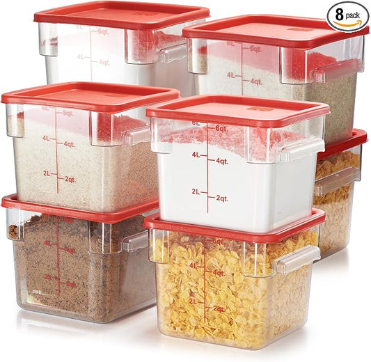 8-Pack 6 Qt NSF Clear Polycarbonate Food Storage Containers with Red Lids - Square, Commercial-Grade, Freezer & Dishwasher Safe, Stackable by CURTA