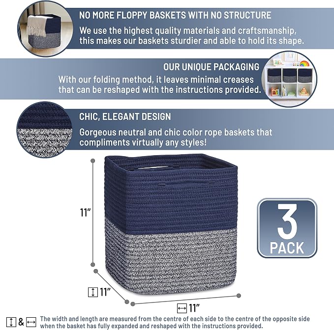 NaturalCozy Storage Cubes 11 Inch Cotton Rope Woven Baskets for Organizing, 3-Pack | Cube Storage Bin | Square Storage Baskets for Shelves Organizer, Classroom, Kids Toy Bins, Closet, Baby Nursery - Image 2