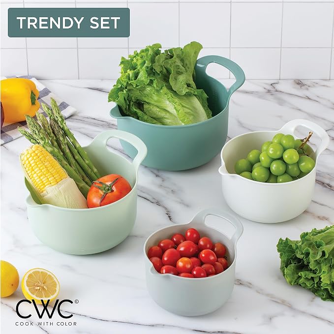 COOK WITH COLOR Nesting Plastic Mixing Bowl Set with Pour Spouts and Handles, Sage, 4 Piece Non-Slip - Image 6