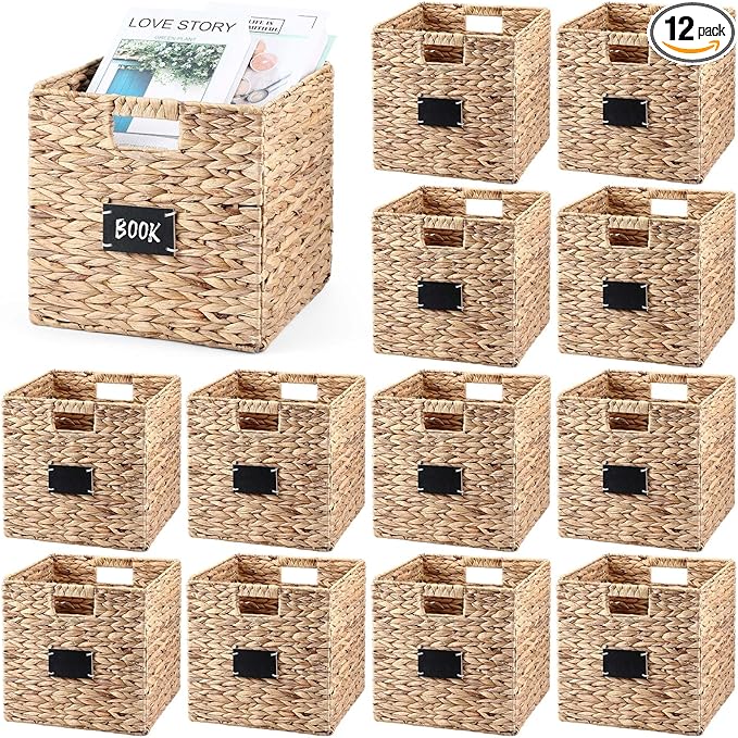 Jinei 12 Pcs Wicker Storage Basket Bulk, 10 x 10 x 10 Inch Handwoven Hyacinth Folding Cube Bin with Handles Labels for Shelves Pantry Laundry Organization by Jinei