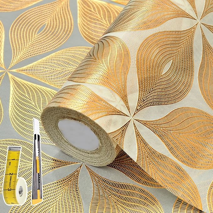 3D Drawer and Shelf Liner for Kitchen Cabinet: 12 in X 20 Ft Waterproof | Shelf Paper Non Adhesive Refrigerator Liners Golden Leaf Easy Liners for Bathroom with Knife Tape Measure by Kimhan
