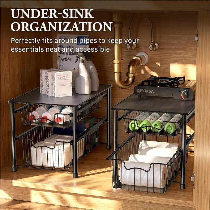 Simple Houseware Stackable Sliding Basket Organizer Drawer, Black, 2-Tier - Image 6