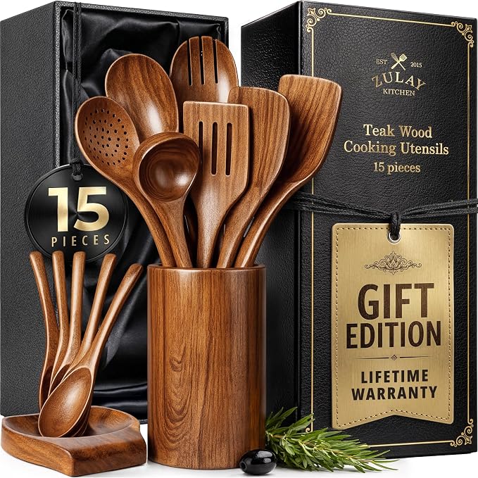 Zulay Kitchen 15-Piece Teak Wooden Utensils for Cooking - Natural Teak Utensil Set with Premium Gift Box - Non-Stick Wooden Spoons for Cooking - Kitchen Gift Set - Comfortable Grip Wooden Utensil Set by ZulayKitchen