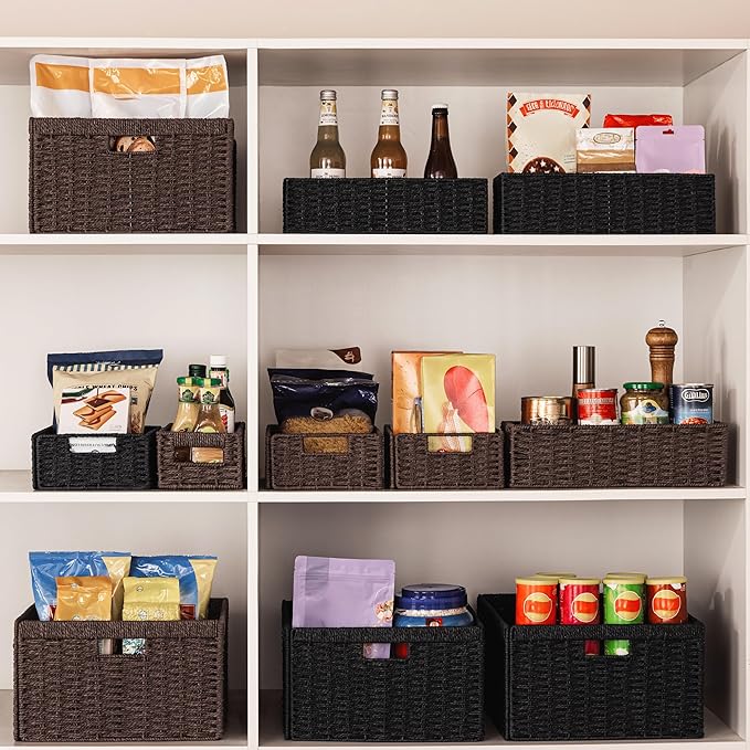 UBBCARE 4 Pack Wicker Basket, 13.4L×8.3H×7.1W inch Woven Paper Rope Storage Baskets for Shelves, Foldable Rectangular Storage Baskets with Handle, Storage Basket for Organizing, Black - Image 7